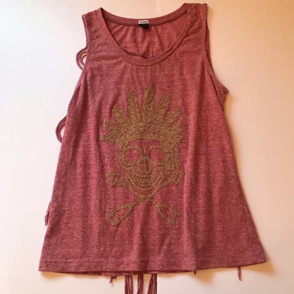 The Clas-sic Skull Tee Tank Top Beaded Pink Heathered Shirt with Fringe Sz Large - Picture 13 of 16